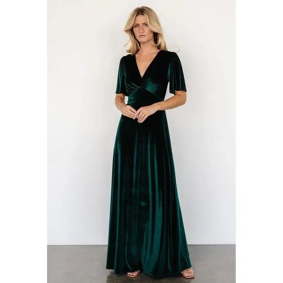 green emerald velvet dress Baltic Born Womens Meghan Velvet Wrap Maxi Dress | Deep Green main image 1